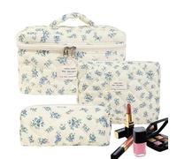 3 Pc Makeup Bag - Floral Aesthetic Cosmetic Bags, Toiletry Skincare Pouch | Portable Large Capacity Flower Cosmetic Skincare with Handle Zipper Pouch, Cotton Cloth Flowers Organizer Bags for Travel