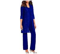 3 PC Mother of The Bride Pants Suit for Wedding Long Lace Jacket Chiffon Women Outfits for Prom Evening Royal Blue UK12