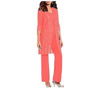 3 PC Mother of The Bride Pants Suit for Wedding Long Lace Jacket Chiffon Women Outfits for Prom Evening Coral UK16