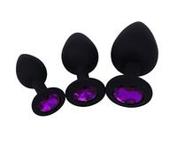 3-PC Silicone Jeweled Butt Plugs Set for Beginners, Men Women Couples, Black, Includes Velvet Bag, Discreet Packaging