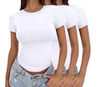 3 PC Women Basic T Shirts Stretch Fitted Crew Neck Short Sleeve Solid Color Crop Tee Ladies Summer Slim Fit Gym Workout Basic Tops White