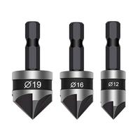 3 PCS 1/4 Inch Hex Shank, Countersink Drill Bit Hex Shank 5 Flute 90 Degree Center Countersink Bits Set 12mm 16mm 19mm for Woodworking, Wood Drill, Soft Metals (Black)