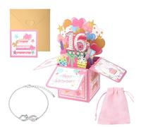 3 PCS 16th Birthday Card Girl Pop-Up Card 16th Birthday Gifts Girl Shiny 3D Pop up with Envelope Greeting 16th Birthday Decorations(3D Box Card + 16th Charm Bracelet + Pink Bag)