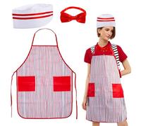 3 PCS 1950s Waiter Costume Kit, Soda Jerk Costume Kit Red and White Striped Apron Chef Hat Red Bow Ties Adjustable For Adult Movie Night Costume Cosplay Carnivals Circus Party Halloween (Style#2)