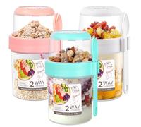 3 PCS 2-Tier Breakfast Cups, 310ml+560ml Yogurt Pots with Lids and Spoon, Reusable Overnight Oats Container, Breakfast Pot To Go Muesli Fruit Salad Jars Split Oat Yogurt Cup Dishwasher Safe