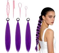 3 Pcs 26 Inch Purple Hair Extensions, Long Straight Purple Hair Braid With 4pcs Tool Kit, Braids Extensions Can Turn into Braids Suitable for Halloween Costumes for Female Stage Performances