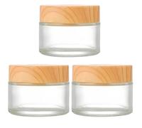 3 Pcs 50g Refillable Cosmetic Containers, Glass Cosmetic Jars with Wood Lids, Round Sample Cream Jars for Travel, See-Through Bottles, 1.8 x 2.2 in / 4.5 x 5.6 cm