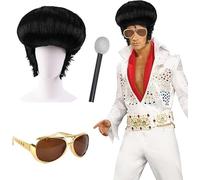 3 Pcs 50s Rocker Legend Elvis Wig Set with Glasses and Inflatable Microphone, 60s Rock n Roll Singer Accessories for Disco Party Halloween Party