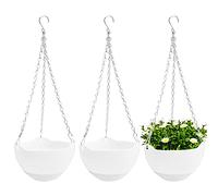 3 Pcs 8 inch Hanging Planter Pots,Self-Watering Round Hanging Basket with Water Tray and Metal Chain,Succulent Flower Plant Pot Container for Indoor Outdoor Garden Balcony Wall Decor,White