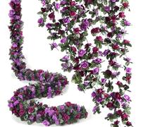 3 Pcs 8FT Artificial Hanging Rose Garland Silk Flower Vines for Wedding, Anniversary, Christmas, Home and Garden Decor (Purple)
