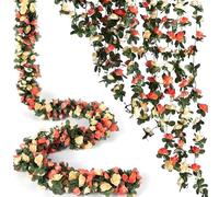 3 Pcs 8FT Artificial Hanging Rose Vines Silk Flower Garland for Decoration, Anniversary, Wedding, Birthday, Christmas, Home and Garden Decor (Sunset Red)