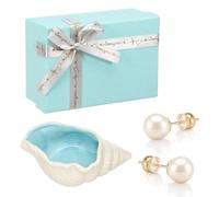 3 Pcs 8mm Pearl Stud Earrings with Conch Shell Ceramic Jewelry Tray, 925 Silver Double-Sided Hypoallergenic Studs & Ribbon Boxed Set for Women Girls Wedding Birthday Anniversary