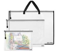 3 Pcs A3 Art Folder, 19 x 25 Inch Waterproof Large Capacity Art Storage Bag with A4/A3 Arts Folder Carry Case, Clear Artwork Craft Bag with Handle and Zipper for Posters, Bulletin Boards, Scrapbooks