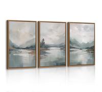 3 Pcs Abstract Mountain Lakes Framed Canvas Wall Art Set, Neutral Nature Landscape Wall Decor Misty Blue Grey Scenery Wall Painting Art Prints Pictures for Living Room Bedroom Office 30X40cmX3 Pcs