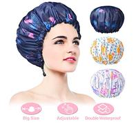 3 PCS Adjustable Shower Caps, Double Layer Waterproof Bathing Cap for Shower, Extra Large Reusable Hair Cap for Women, Waterproof Exterior & EVA Lining, Oversized Design for All Hair Lengths/Style