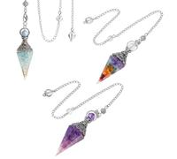 3 PCS Antique Silver Hexagonal Pendulum Crystal, 6.5x1.7cm Crystal Pendulum with 23cm Chain, Purple Rainbow Sea Blue Pendulums for Divination Meditation, Spiritual Healing Tools