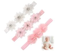 3 Pcs Baby Girl Headbands, Newborn Baby Headbands with Pink Pearl Flowers, White Pearl Flowers & 3-Flower Pink Hairband, Soft Elastic Hair Accessories for Infants, Toddlers, Flower Girl Outfits