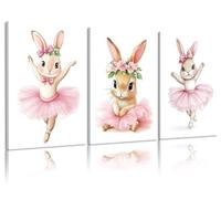 3 Pcs Baby Girl Nursery Wall Decor Pink Ballet Bunny Prints Pictures, Easter Nursery Canvas Wall Art Preppy Paintings Artwork for Boys and Girls Room Bedroom Home Decor 12x16 In Framed