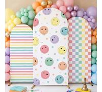 3 Pcs Back to School Arch Backdrop Cover 4ft 5ft 6ft Pastel Smile Face Checkered Fitted Round Top Arch Stand Cover Colorful Plaid Background for Birthday First Day of School Classroom Party Decoration