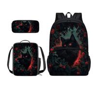 3 PCS Backpack Set Cat Rose Leaf Schoolbag With Lunch Case Pencil Box