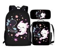 3 PCS Backpack Set Cute Axolotl Schoolbag With Lunch Case Pencil Box C-1972
