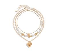 3 Pcs Baroque Pearl Heart Pendant Necklace, Vintage Plated Gold Geometric Love Statement Choker, Trendy Layered Heart Pearl Collar Bone Necklace, 2XL, Alloy Steel, No Gemstones