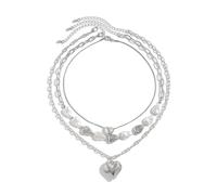 3 Pcs Baroque Pearl Heart Pendant Necklace, Vintage Plated Gold Geometric Love Statement Choker, Trendy Layered Heart Pearl Collar Bone Necklace, 2XL, Alloy Steel, No Gemstones