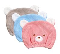 3 Pcs Bear Hair Towel Wrap - Absorbent Microfibre Turban With Cute Embroidery for Quick Drying - Head Cap for Bath, Shower, Washing, Spa - Kids