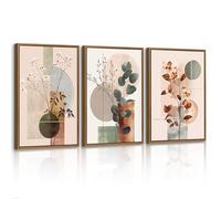 3 Pcs Beige Geometric Framed Wall Art, Botanical Cotton Eucalyptus leaf Wall Pictures Nordic Modern Plants Floral Art Prints Poster Picture Painting Home Decor for Bedroom Living Room Office 30x40cmx3