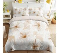 3 Pcs Beige Luxury Bedding Hibiscus Flower Lines White Shrink Resistant Duvet Cover Elegant Scandinavian Fluffy Bedding Soft natural floral with Zipper for Female, 230 x 230 cm