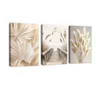 3 Pcs Beige Scenery Canvas Wall Art, Sunset Sea View Wall Painting Aesthetic Plants Pampas Cattail Pictures Painting on Canvas Prints for Living Room Bedroom Wall Decoration Ready to Hang 30x40cmx3