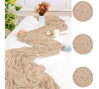 3 PCS Beige Table Runner,90x300cm Cheesecloth Table Runners,Romantic Sheer Tablerunner,10FT Gauze Boho Table Runner,Rustic Cheese Cloth Table Runner for Wedding Party Bridal Shower Table
