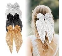 3 PCS Big Sparkly Sequin Hair Bows, Silver Hair Bow, Sparkly Hair Accessory | Glitter Hair Clips with Long for Women Girls, Party Valentine's Day Girls Women Christmas Birthday (Silver,Black,Gold)