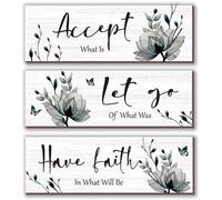 3 Pcs Black And White Bathroom Decor Rustic Flower Black Wall Art Accept Let Go Have Faith Farmhouse Bedroom Wall Decor Wooden Inspirational Quotes Grey Decoration for Living Room(Black,16 x 5 Inches)