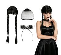 3 PCS Black Braided Wig Set, Halloween Accessory with Lace Necklace | High-temperature Silk WednesDay Wig Set, Lace Necklace and Wig Cap, for Cosplay, Halloween, Themed Parties