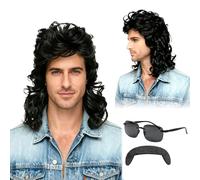 3 PCS Black Mullet Wig for Men Set with Mustache and Sunglasses Mens, 70s 80s Mullet Wig for Halloween Carnival Pop Rock Costumes Cosplay Party (Black)