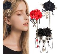3 PCS Black Rose Hair Clips Crocodile Hair Barrettes Steampunk Tassels Chain Metal Non-Slip Hairpin Tassels Hairclips Vintage Halloween Headdress Accessories for Girls Women