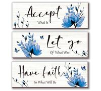 3 Pcs Blue Bathroom Decor Rustic Flower Wall Art Accept Let Go Have Faith Farmhouse Bedroom Wall Decor Wooden Inspirational Quotes Decorations for Living Room Bathroom Bedroom(Blue, 12 x 4 Inches)