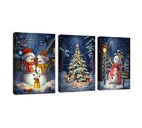 3 Pcs Blue Christmas Ambience Snow Scene Canvas Wall Art Cute Snowman Moose Lighting Nightscape Pictures Canvas Print Paintings for Living Room Bedroom Office Ready To Hang Stretched On Frame 30x40x3