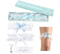 3 Pcs Blue Garters for Brides, 33-68 cm Elastic, with Keyring, Gift Box | Lace, Blue Garter, with Bow, Card, Something Blue for The Bride, Wedding Accessories, Bridal Shower Gifts