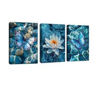 3 Pcs Blue Lotus Flower Butterfly Canvas Wall Art, Framed Water Lily Pond Wall Painting Zen Stones White Lotus Flower Teal Turquoise Wall Pictures Artwork Decor for Yoga Spa Room Bedroom 30x40cmx3Pcs