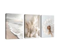 3 Pcs Boho Beach Landscape Canvas Wall Art Set Beige Reeds Pampas Plants Pictures Dandelion Framed Painting on Canvas Prints for Living Room Bedroom Office Wall Decor Stretched On Frame 40x60cmx3Pcs