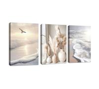 3 Pcs Boho Beach Landscape Canvas Wall Art Set Beige Reeds Pampas Plants Pictures Sunset Framed Painting on Canvas Prints for Living Room Bedroom Office Wall Decor Stretched On Frame 40x60cmx3Pcs