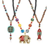 3 Pcs Boho Long Pendant Necklaces for Women Boho Long Wooden Beaded Necklace Handmade Turquoise Fish Elephant Necklace Jewelry with Storage Bag for Women, 4 x 45 cm, Metal, alloy