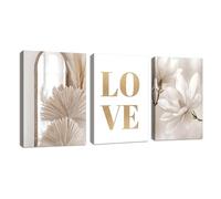 3 Pcs Boho Love Beige Canvas Wall Art Set, Modern White Magnolia Wall Painting Nordic Minimalism Beige Cattail Wall Pictures Poster Art Prints Decor for Bedroom Living Room Office 30x40cmx3
