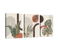 3 Pcs Boho Orange Botanical Canvas Wall Art, Nordic Green Gold Plants Leaves Wall Paintings, Mid Century Line Geometric Home Decor Canvas Poster Wall Decor for Bedroom Living Room Office 30x40cmx3Pcs