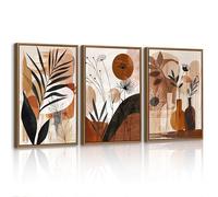 3 Pcs Boho Plants Leaf Framed Canvas Wall Art, Brown Botanical Leaves Wall Painting Minimalist Illustration Home Decor Pictures Wall Decor for Bedroom Living Room Office Ready to Hang 30x40cmx3