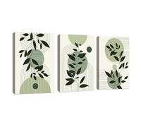 3 Pcs Boho Sage Green Framed Canvas Wall Art, Aesthetic Green Leaf Wall Art Modern Round Geometric Line Home Poster Canvas Painting Wall Decor for Bedroom Living Room Office Ready to Hang 40x60cmx3Pcs