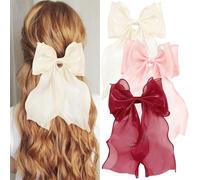 3 Pcs Bow Hair Clip, Vintage Silky Hair Bow, 3 Colours Solid Color French Automatic Hair Clip with Long Silky Satin for Girls Women Decorative Hair Accessories (Red,White,Pink)