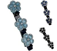 3 Pcs Braided Hair Clips, 3.7 in / 9.5 cm Crystal Flower Bangs Side Clips with Rhinestones, Double Layer Styling Clips for Women, Blue and Black